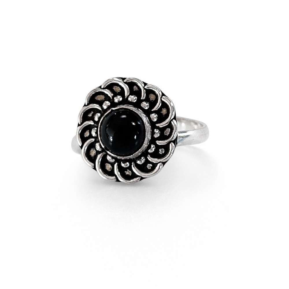 Sterling-Style Black Onyx Floral Ring